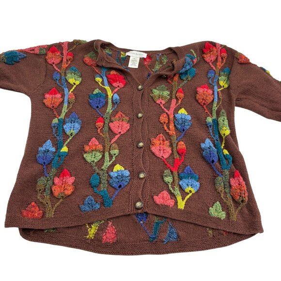 Susan Bristol Hand Knit Floral Cardigan Multicolor Brown XL - Picture 1 of 5